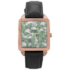 Green And White Textured Botanical Motif Manipulated Photo Rose Gold Leather Watch 