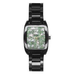 Green And White Textured Botanical Motif Manipulated Photo Stainless Steel Barrel Watch by dflcprintsclothing