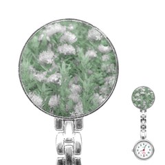 Green And White Textured Botanical Motif Manipulated Photo Stainless Steel Nurses Watch by dflcprintsclothing