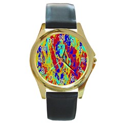 Multicolored Vibran Abstract Textre Print Round Gold Metal Watch