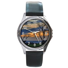 Sunset Scene At Waterfront Boardwalk, Montevideo Uruguay Round Metal Watch by dflcprints