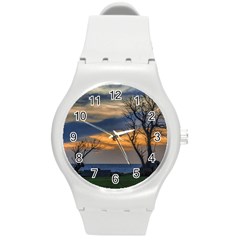 Sunset Scene At Waterfront Boardwalk, Montevideo Uruguay Round Plastic Sport Watch (m) by dflcprints