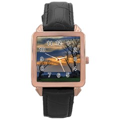 Sunset Scene At Waterfront Boardwalk, Montevideo Uruguay Rose Gold Leather Watch  by dflcprints