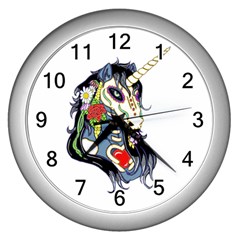 Springtime Unicorn Sugar Skull Wall Clock (silver) by retrotoomoderndesigns