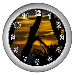 Silhouette Sunset Landscape Scene, Montevideo   Uruguay Wall Clock (silver) by dflcprints