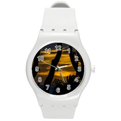 Silhouette Sunset Landscape Scene, Montevideo   Uruguay Round Plastic Sport Watch (m) by dflcprints