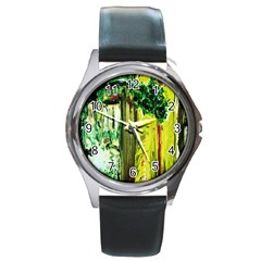 Old Tree And House With An Arch 8 Round Metal Watch by bestdesignintheworld