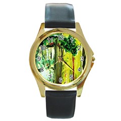 Old Tree And House With An Arch 8 Round Gold Metal Watch by bestdesignintheworld