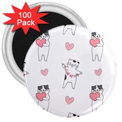 Seamless Pattern Cute Cat With Little Heart Hearts 3  Magnets (100 pack)