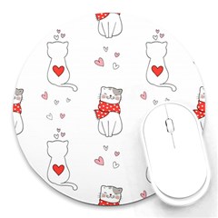 Seamless Pattern Cute Cat With Little Heart Round Mousepads by Wegoenart