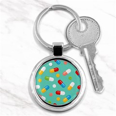 Pills Medicines Seamless Pattern Blue Background Key Chain (round) by Wegoenart