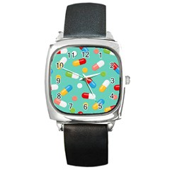 Pills Medicines Seamless Pattern Blue Background Square Metal Watch by Wegoenart