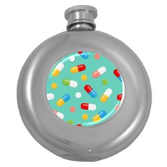 Pills Medicines Seamless Pattern Blue Background Round Hip Flask (5 Oz) by Wegoenart