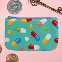 Pills Medicines Seamless Pattern Blue Background Large Coin Purse by Wegoenart