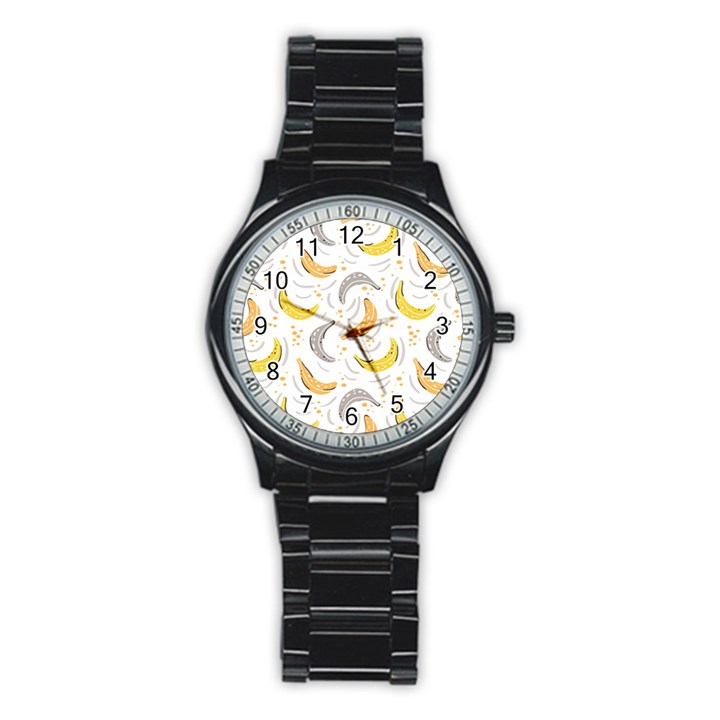 Seamless Stylish Pattern With Fresh Yellow Bananas Background Stainless Steel Round Watch