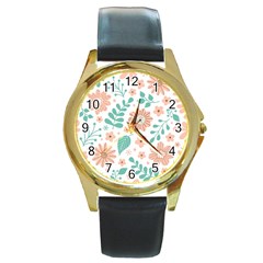 Pattern With Flowers Leaves Round Gold Metal Watch by Wegoenart