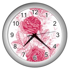 Flower Seamless Pattern With Roses Wall Clock (silver) by Wegoenart