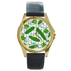 Seamless Pattern With Cucumber Round Gold Metal Watch by Wegoenart