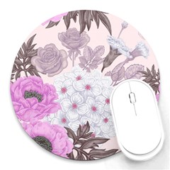 Seamless Pattern With Flowers Roses Peonies Hydrangeas Carnations Round Mousepads by Wegoenart