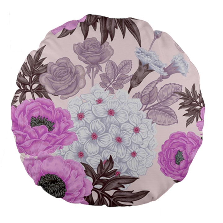 Seamless Pattern With Flowers Roses Peonies Hydrangeas Carnations Large 18  Premium Flano Round Cushions