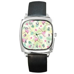 Beautiful Seamless Vector Tropical Pattern Background With Flamingo Hibiscus Square Metal Watch by Wegoenart