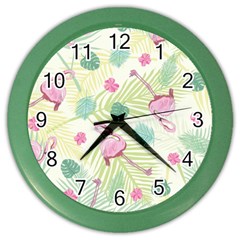 Beautiful Seamless Vector Tropical Pattern Background With Flamingo Hibiscus Color Wall Clock by Wegoenart