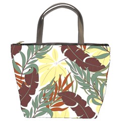 Botanical Seamless Tropical Pattern With Bright Red Green Plants Leaves Bucket Bag by Wegoenart