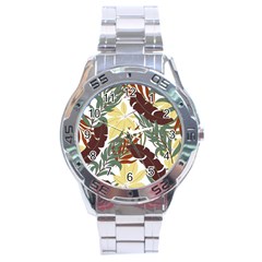 Botanical Seamless Tropical Pattern With Bright Red Green Plants Leaves Stainless Steel Analogue Watch by Wegoenart