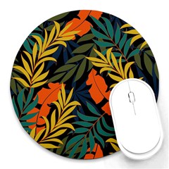 Fashionable Seamless Tropical Pattern With Bright Green Blue Plants Leaves Round Mousepads by Wegoenart