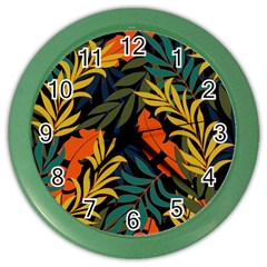 Fashionable Seamless Tropical Pattern With Bright Green Blue Plants Leaves Color Wall Clock by Wegoenart