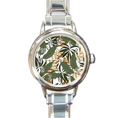 Botanical Seamless Tropical Pattern With Bright Green Yellow Plants Leaves Round Italian Charm Watch by Wegoenart