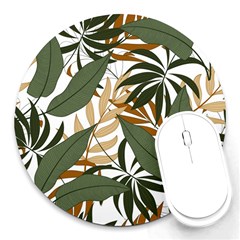 Botanical Seamless Tropical Pattern With Bright Green Yellow Plants Leaves Round Mousepads by Wegoenart