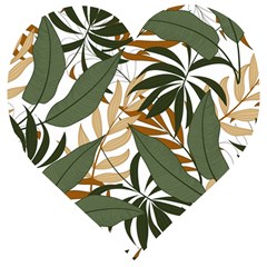 Botanical Seamless Tropical Pattern With Bright Green Yellow Plants Leaves Wooden Puzzle Heart by Wegoenart