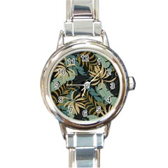 Fashionable Seamless Tropical Pattern With Bright Red Blue Plants Leaves Round Italian Charm Watch by Wegoenart