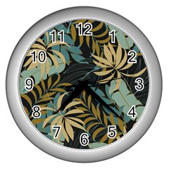 Fashionable Seamless Tropical Pattern With Bright Red Blue Plants Leaves Wall Clock (silver) by Wegoenart