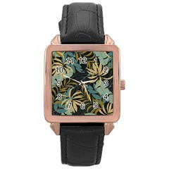 Fashionable Seamless Tropical Pattern With Bright Red Blue Plants Leaves Rose Gold Leather Watch 