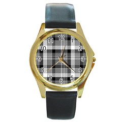 Black White Plaid Checked Seamless Pattern Round Gold Metal Watch