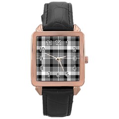 Black White Plaid Checked Seamless Pattern Rose Gold Leather Watch 