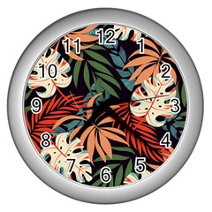 Fashionable Seamless Tropical Pattern With Bright Pink Yellow Plants Leaves Wall Clock (silver) by Wegoenart