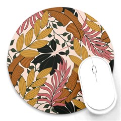 Fashionable Seamless Tropical Pattern With Bright Pink Green Flowers Round Mousepads by Wegoenart