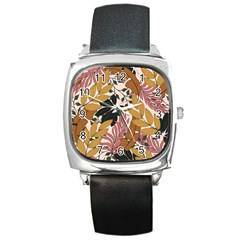 Fashionable Seamless Tropical Pattern With Bright Pink Green Flowers Square Metal Watch by Wegoenart