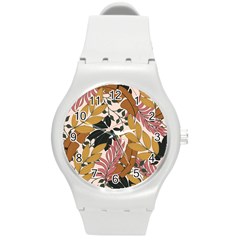 Fashionable Seamless Tropical Pattern With Bright Pink Green Flowers Round Plastic Sport Watch (m) by Wegoenart