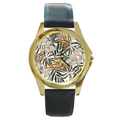 Trendy Seamless Tropical Pattern With Bright White Yellow Flowers Round Gold Metal Watch by Wegoenart