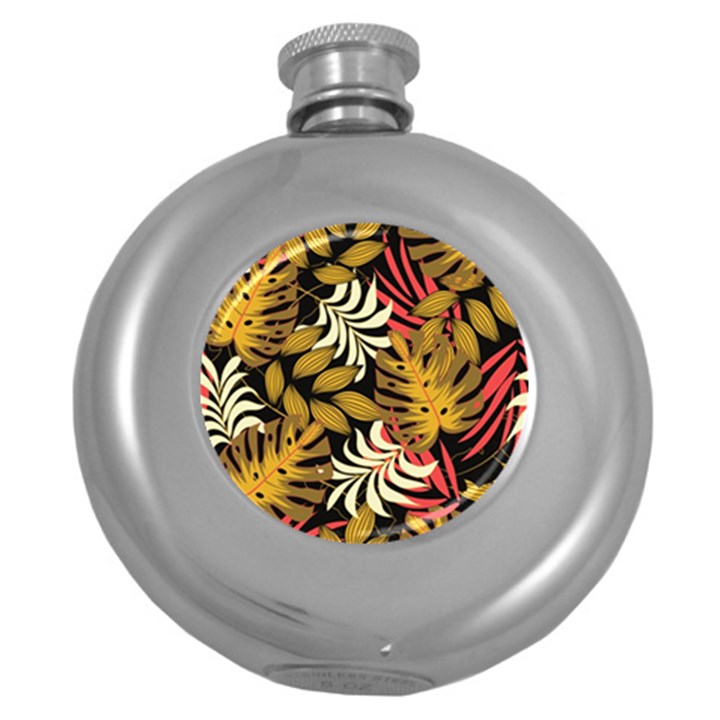 Original Seamless Tropical Pattern With Bright Reds Yellows Round Hip Flask (5 oz)