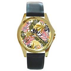 Fashionable Seamless Tropical Pattern With Bright Pink Green Flowers Round Gold Metal Watch by Wegoenart