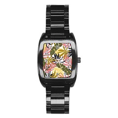 Fashionable Seamless Tropical Pattern With Bright Pink Green Flowers Stainless Steel Barrel Watch by Wegoenart