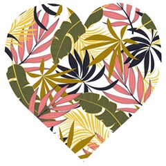 Fashionable Seamless Tropical Pattern With Bright Pink Green Flowers Wooden Puzzle Heart by Wegoenart