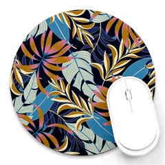 Original Seamless Tropical Pattern With Bright Blue Pink Flowers Round Mousepads by Wegoenart