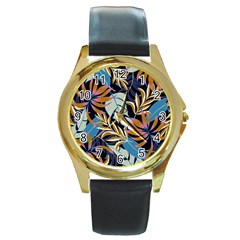 Original Seamless Tropical Pattern With Bright Blue Pink Flowers Round Gold Metal Watch by Wegoenart