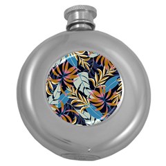 Original Seamless Tropical Pattern With Bright Blue Pink Flowers Round Hip Flask (5 Oz) by Wegoenart